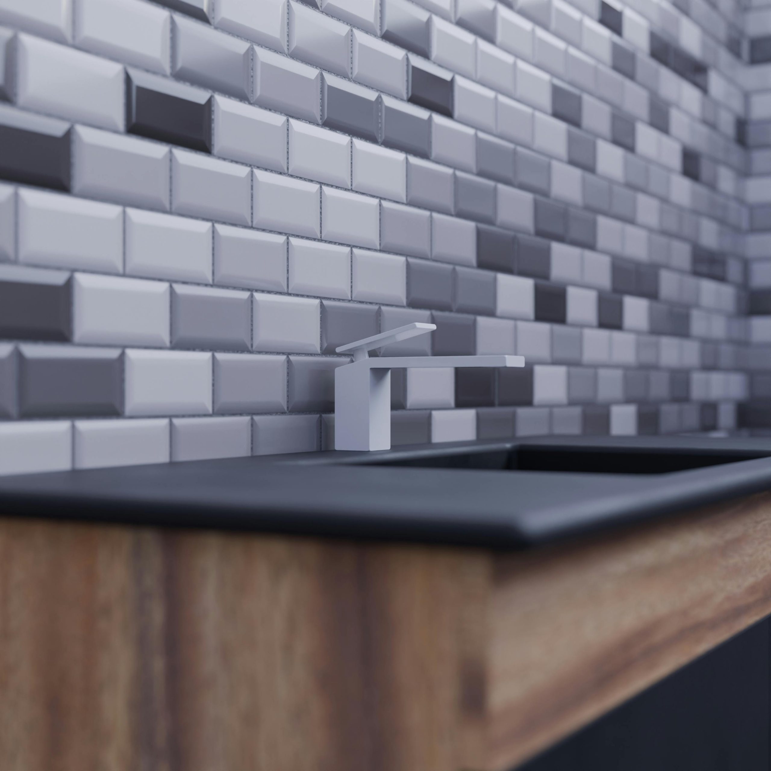 A sleek modern kitchen with a minimalist sink and stylish tiled backsplash in neutral tones.